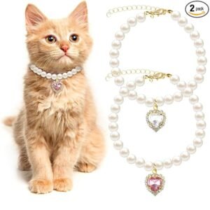 Adjustable Rhinestone Pearl Cat Collar with Heart Charm
