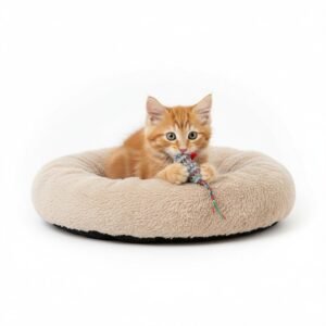 Basics Faux Fur Donut Pet Bed Small 50x50x12 cm Beige Reversible Washable Cozy Mat for Cats and Dogs